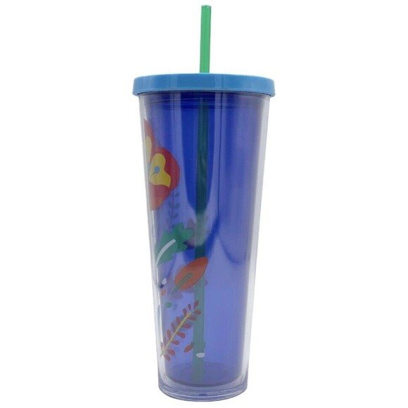 Starbucks Floral Poppy Flower Blue Venti Cold Cup Tumbler Acrylic 24oz W/ Straw - Picture 3 of 9